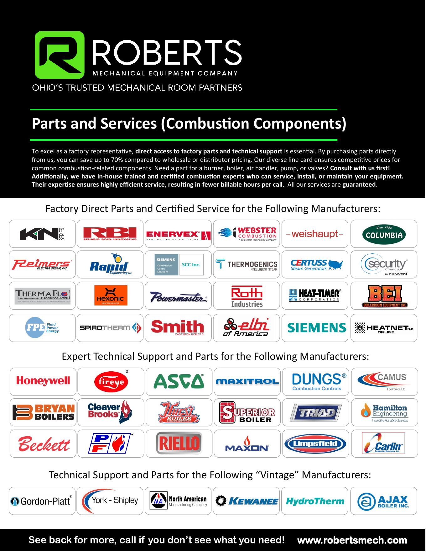 RME parts and services line card page one